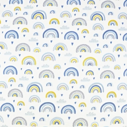 Baumwolle 100% Regenbogen blau-gelb auf weißem Hintergrund  