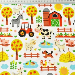 Baumwolle 100% bunte Tiere auf dem Bauernhof auf weißem Hintergrund  