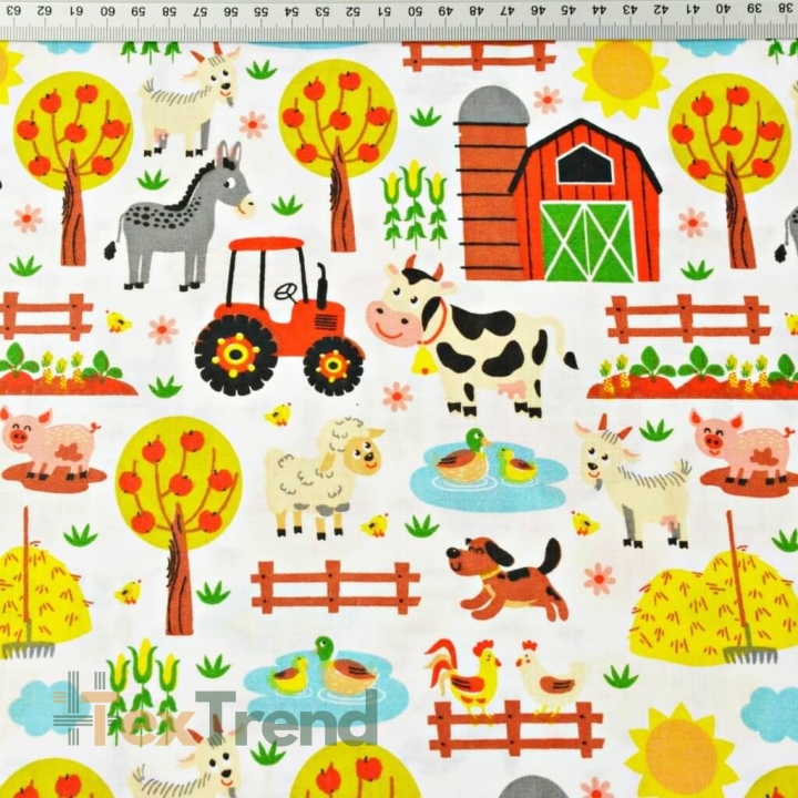 Baumwolle 100% bunte Tiere auf dem Bauernhof auf weißem Hintergrund  