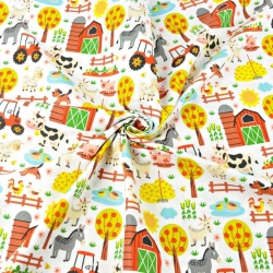 Baumwolle 100% bunte Tiere auf dem Bauernhof auf weißem Hintergrund  