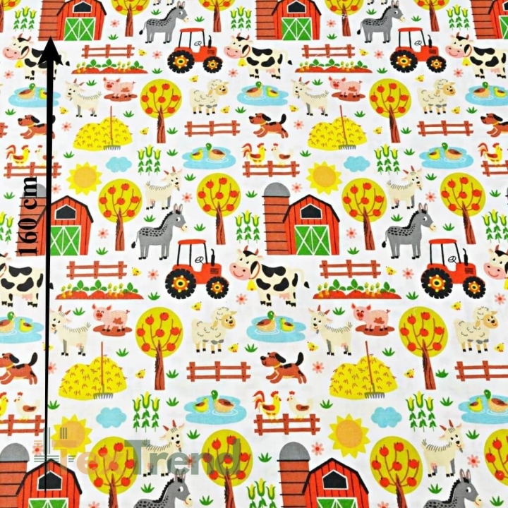 Baumwolle 100% bunte Tiere auf dem Bauernhof auf weißem Hintergrund  