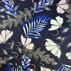 Baumwolle 100% Farnblätter mit Blumen auf marineblauem Hintergrund  