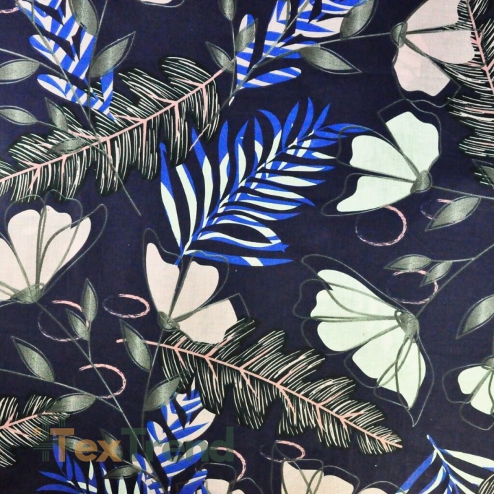 Baumwolle 100% Farnblätter mit Blumen auf marineblauem Hintergrund  