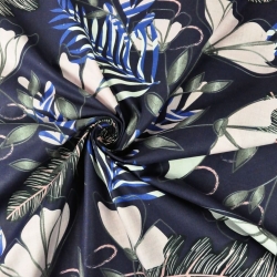 Baumwolle 100% Farnblätter mit Blumen auf marineblauem Hintergrund  