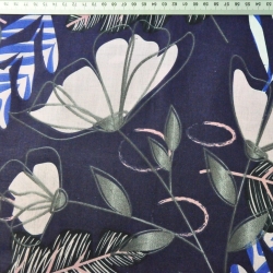 Baumwolle 100% Farnblätter mit Blumen auf marineblauem Hintergrund  