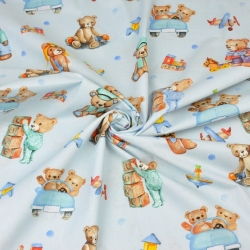 Baumwolle 100% Plüschbären mit Spielzeugen auf hellblauem Hintergrund  