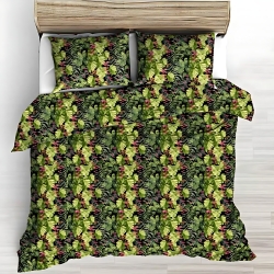 Baumwolle 100% grüne Palmenblätter mit rosa Orchidee auf schwarzem Hintergrund  