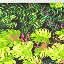 Baumwolle 100% grüne Palmenblätter mit rosa Orchidee auf schwarzem Hintergrund  