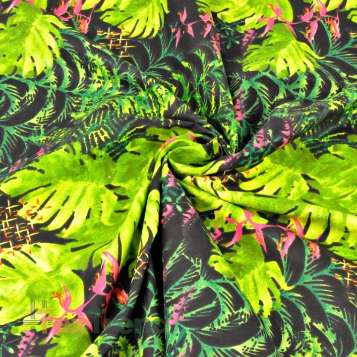 Baumwolle 100% grüne Palmenblätter mit rosa Orchidee auf schwarzem Hintergrund  