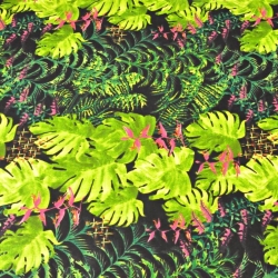 Baumwolle 100% grüne Palmenblätter mit rosa Orchidee auf schwarzem Hintergrund  