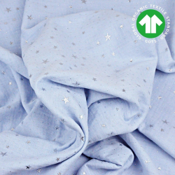 Baumwoll-Musselin double gauze himmelblau (Sky way) mit silbernen Sternen  