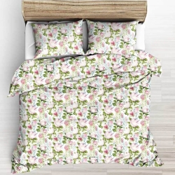 Baumwolle 100% rosa Proteablüten mit grünen Blättern auf weißem Hintergrund  