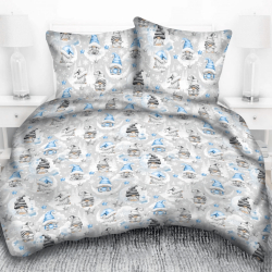 Baumwolle 100% Weihnachtsmuster mit Wichteln und Sternen in blau auf grauem Hintergrund  