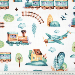 Baumwolle 100% Lokomotive und Flugzeug braun-grün gezeichnet auf ecrufarbenem Hintergrund  