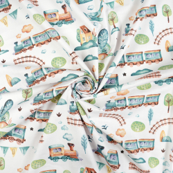 Baumwolle 100% Lokomotive und Flugzeug braun-grün gezeichnet auf ecrufarbenem Hintergrund  