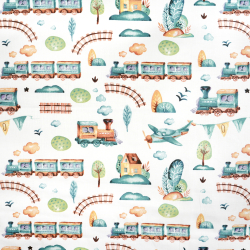 Baumwolle 100% Lokomotive und Flugzeug braun-grün gezeichnet auf ecrufarbenem Hintergrund  