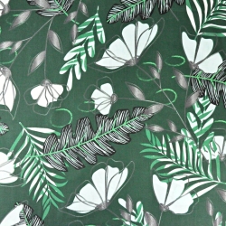 Baumwolle 100% Farnblätter mit Blumen auf dunkelgrünem Hintergrund  