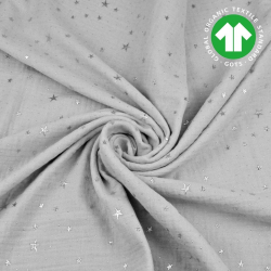 Baumwoll-Musselin double gauze hellgrau (Glacier Gray) mit silbernen Sternen  