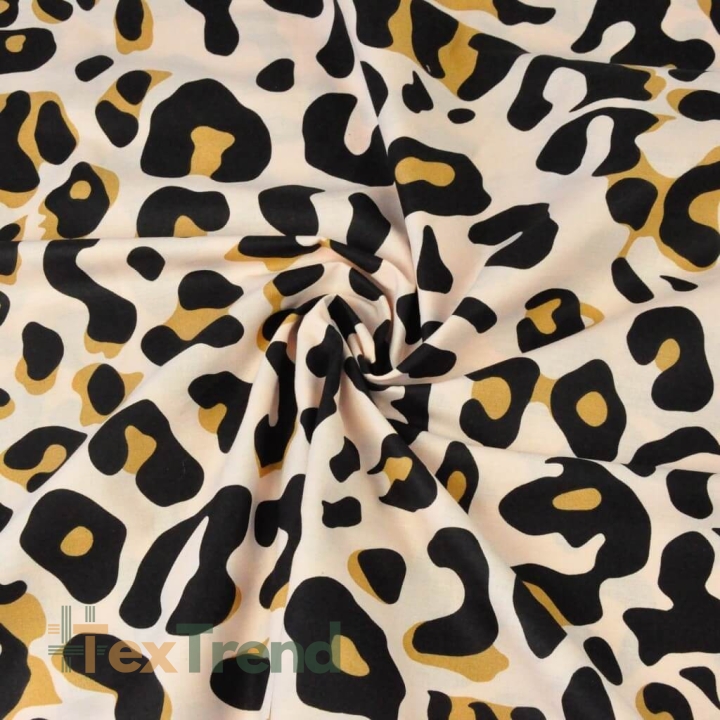 Baumwolle 100% Leopardenmuster braun-schwarz auf aprikosenfarbenem Hintergrund  