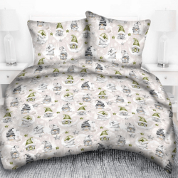 Baumwolle 100% Weihnachtsmuster mit Wichteln und Sternen in grün auf beige Hintergrund  