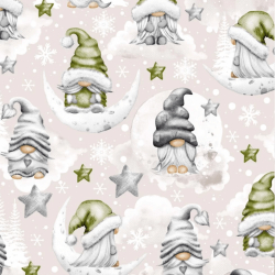 Baumwolle 100% Weihnachtsmuster mit Wichteln und Sternen in grün auf beige Hintergrund  