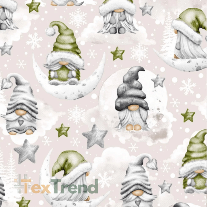 Baumwolle 100% Weihnachtsmuster mit Wichteln und Sternen in grün auf beige Hintergrund  