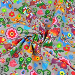 Baumwolle 100% Łowickie Schmetterlinge auf grauem Hintergrund  