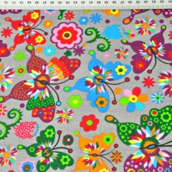 Baumwolle 100% Łowickie Schmetterlinge auf grauem Hintergrund  