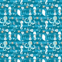Baumwolle 100% Meereswelt auf meeresfarbenem Hintergrund  