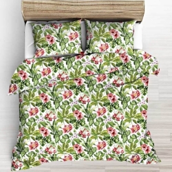 Baumwolle 100% Kretensblüten rot-weiß mit grünen Blättern auf weißem Hintergrund  