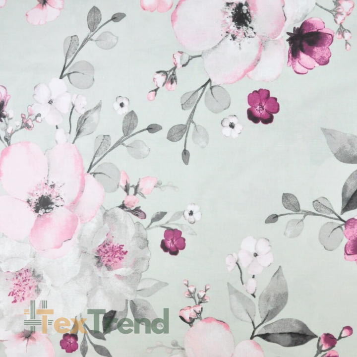 Baumwolle 100% große Apfelblüten rosa-grau auf grauem Hintergrund  