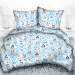 Baumwolle 100% Weihnachtsmuster mit Wichteln und Sternen in grau-blau auf blauem Hintergrund  