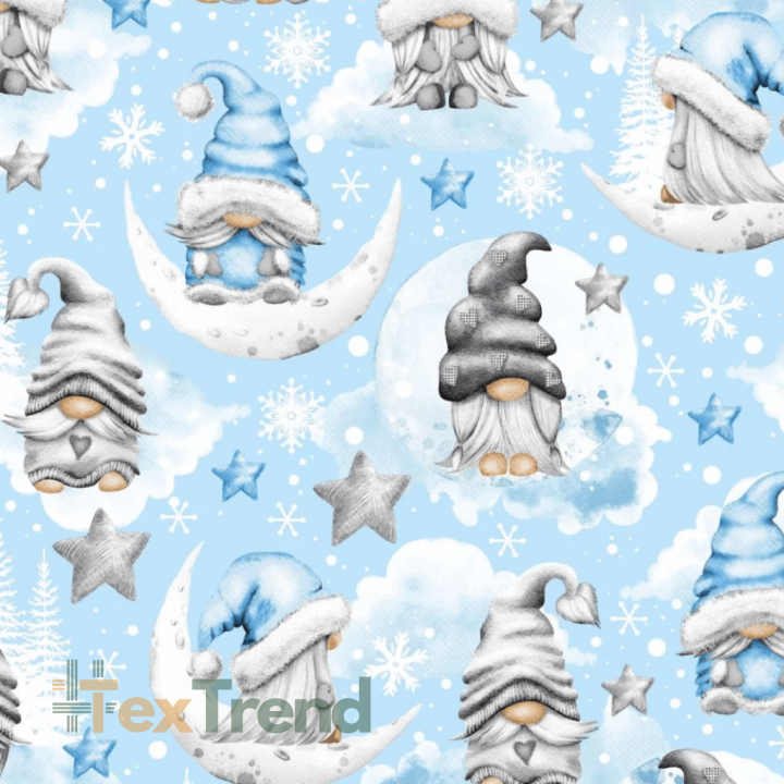 Baumwolle 100% Weihnachtsmuster mit Wichteln und Sternen in grau-blau auf blauem Hintergrund  