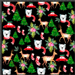 Sweatstoff Loop Digitaldruck - Weihnachtsbären mit Reh auf schwarzem Hintergrund  