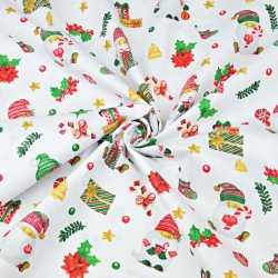 Baumwolle 100% Weihnachtsmuster mit Weihnachtsmännern und Geschenken auf weißem Hintergrund  