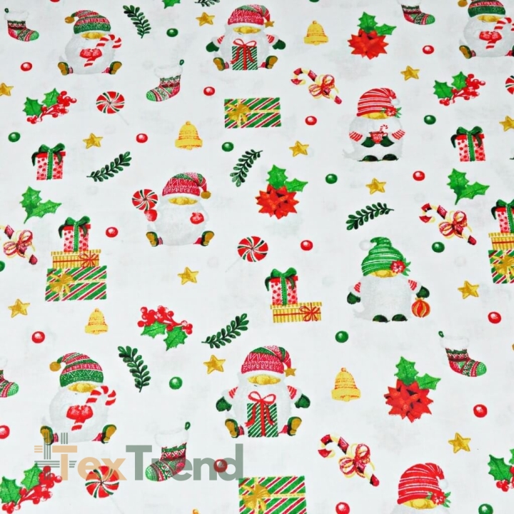 Baumwolle 100% Weihnachtsmuster mit Weihnachtsmännern und Geschenken auf weißem Hintergrund  