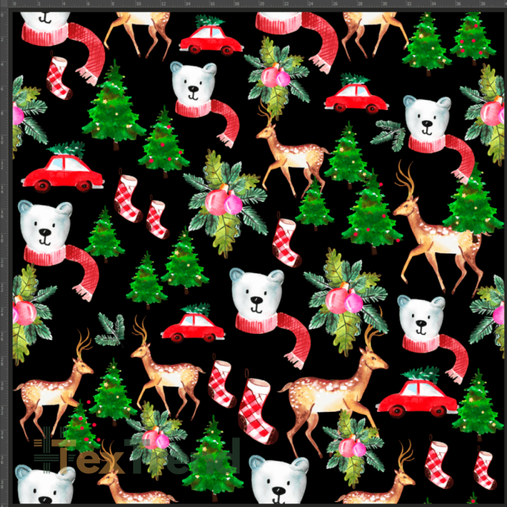 Jersey Stoff Digitaldruck Weihnachtsbären mit Reh auf schwarzem Hintergrund  