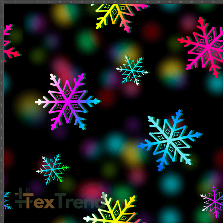 Jersey Stoff Digitaldruck bunte Weihnachts-Schneeflocken auf schwarzem Hintergrund  
