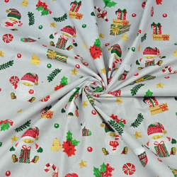 Baumwolle 100% Weihnachtsmuster mit Weihnachtsmännern und Geschenken auf grauem Hintergrund  