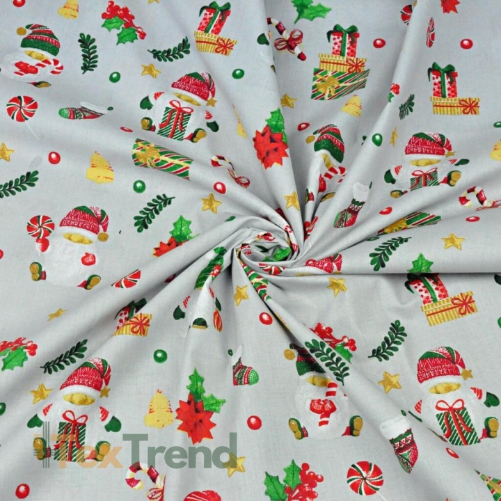 Baumwolle 100% Weihnachtsmuster mit Weihnachtsmännern und Geschenken auf grauem Hintergrund  