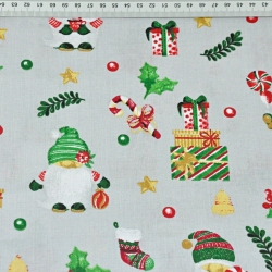 Baumwolle 100% Weihnachtsmuster mit Weihnachtsmännern und Geschenken auf grauem Hintergrund  