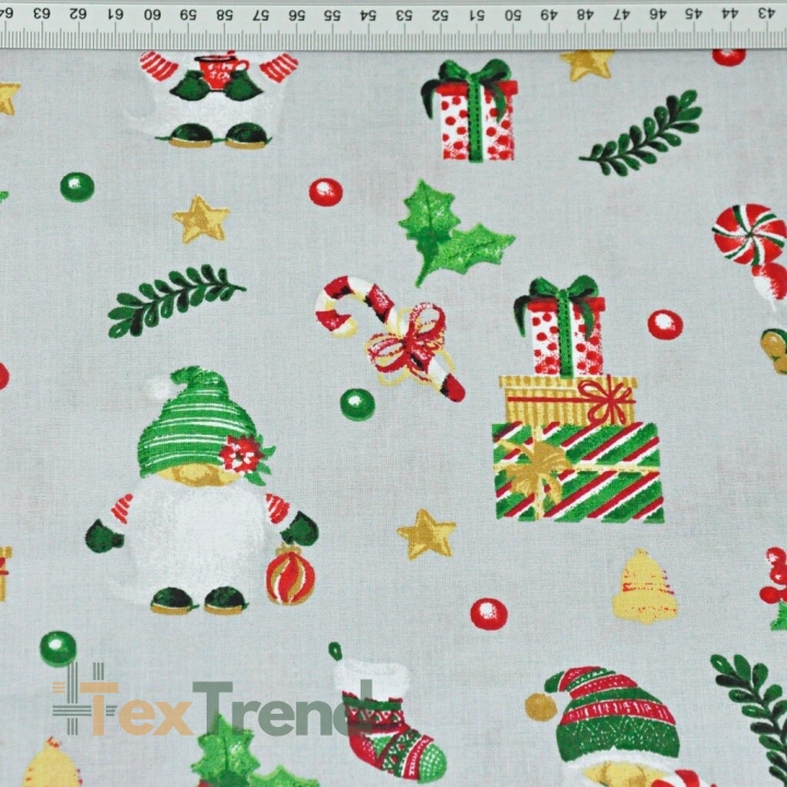 Baumwolle 100% Weihnachtsmuster mit Weihnachtsmännern und Geschenken auf grauem Hintergrund  