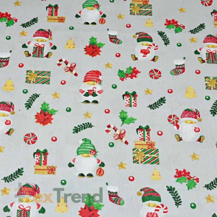 Baumwolle 100% Weihnachtsmuster mit Weihnachtsmännern und Geschenken auf grauem Hintergrund  