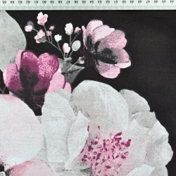 Baumwolle 100% große Apfelblüten rosa-weiß auf schwarzem Hintergrund  