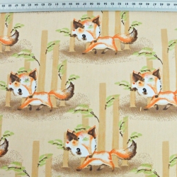 Baumwolle 100% Füchse in Bäumen auf beigem Hintergrund  