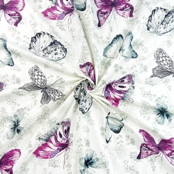 Baumwolle 100% Schmetterlinge in fuchsia-grau auf gebrochenem Weiß  