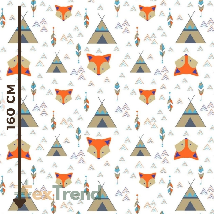 Baumwolle 100% Füchse mit Tipi in orange-beige auf weißem Hintergrund