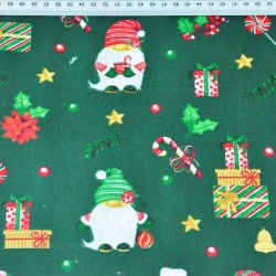 Baumwolle 100% Weihnachtsmuster mit Weihnachtsmännern und Geschenken auf dunkelgrünem Hintergrund  