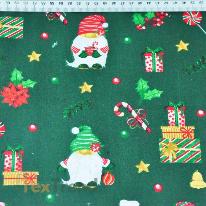 Baumwolle 100% Weihnachtsmuster mit Weihnachtsmännern und Geschenken auf dunkelgrünem Hintergrund  