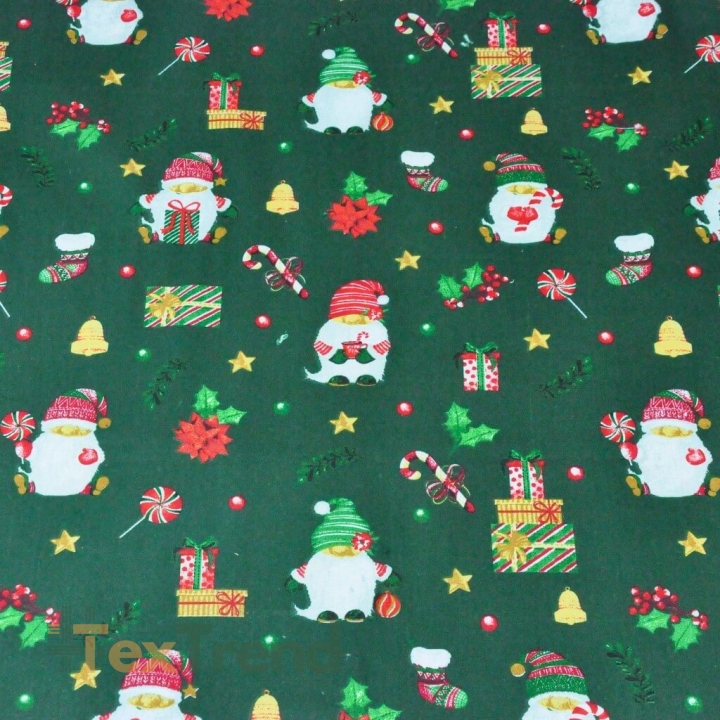 Baumwolle 100% Weihnachtsmuster mit Weihnachtsmännern und Geschenken auf dunkelgrünem Hintergrund  